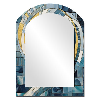 Gold Constructing Blue Realms II - Abstract Shapes Asymmetrical Decorative Wall Mirror, Modern Arch Mirror, Printed Metal Art