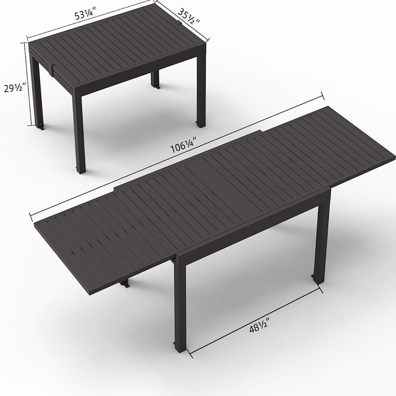 Table de salle à manger en aluminium extensible de 53 à 106 po pour 6 à 8 personnes, table rectangulaire foncée pour l'extérieur