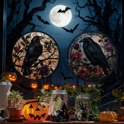 6Pcs Halloween Static Cling Window Stickers, Self-Adhesive Wall Decals With Ravens, Bats, Gothic Flowers For Home Party Decorations