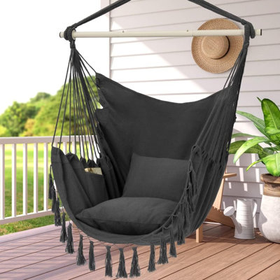 Balancelle pour hamac avec 2 coussins Macrame, tissage de coton, capacité de 500 lb, gris foncé