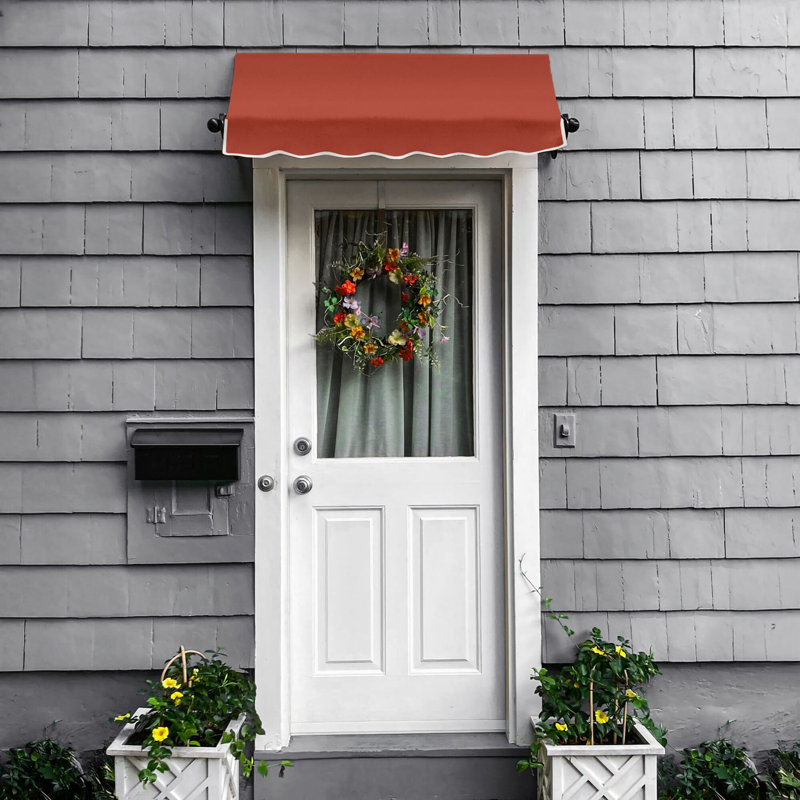 Awntech Charleston Acrylic Fabric Awning with Iron Scroll Arms, Terracotta, 24" H x 124.5" W x 36" D