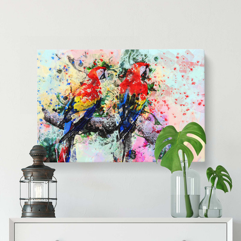 Two Rainbow Macaw Parrots In Abstract - Wrapped Canvas Painting, 50cm H x 76cm W x 3cm D