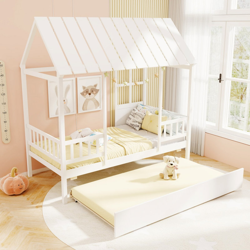 Lit simple avec lit gigogne et toit ouvrant, lit plateforme pour enfants