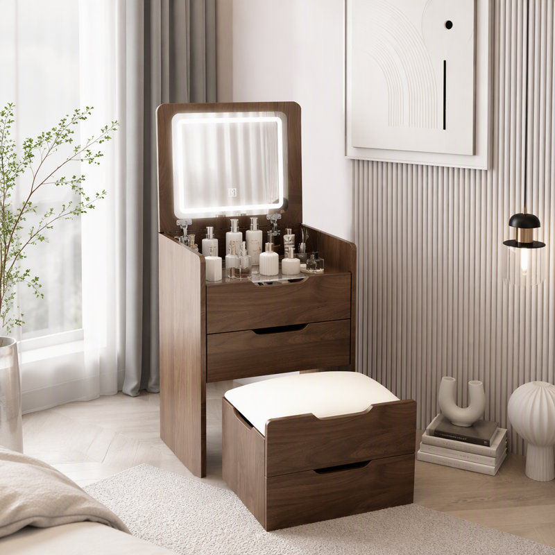 Vanity with Mirror and Seat, Walnut