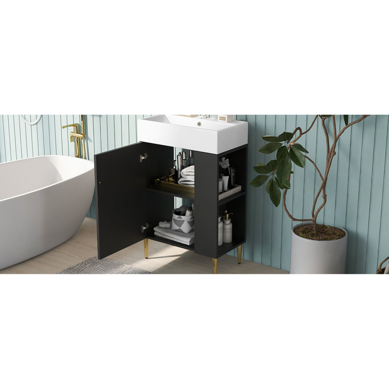 Meuble-lavabo noir avec comptoir en céramique 21,6 po et porte de rangement, Noir