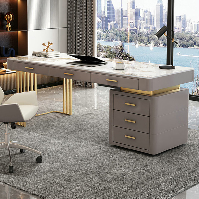 Bureau double caisson en pierre frittée avec tiroirs, Retour à droite, H 29,53 po x l 62,99 po x P 27,56 po