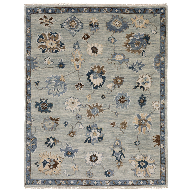 Tapis traditionnel bleu clair / bleu en laine fabriqué à la main Gowen, Rectangle 9 pi x 11 pi 12 po