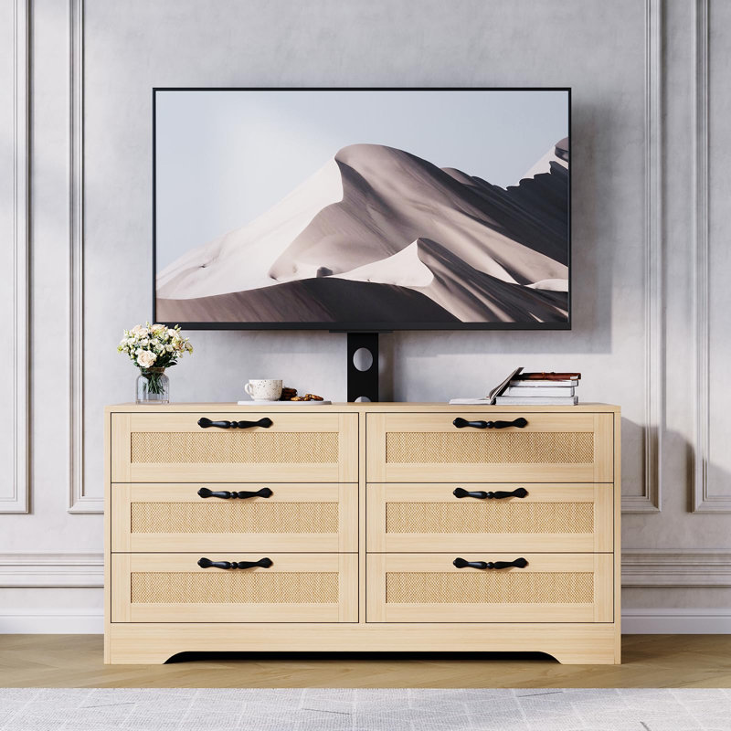 Meuble télé avec support, commode à 6 tiroirs moderne en rotin pour salon 47,2 po, Naturel