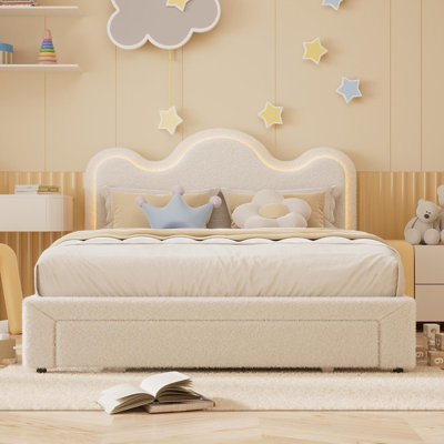 Queen Upholstered LED Bed Frame With Storage Drawers Girls Bed With Flower Headboard