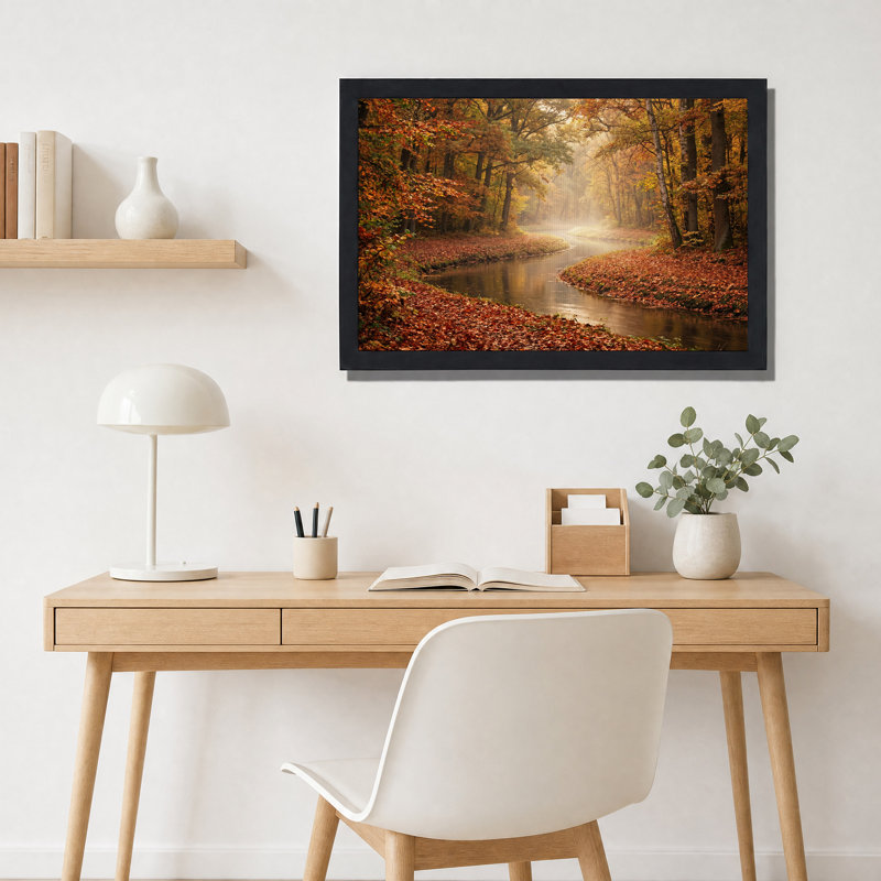 Tableau sur toile représentant une rivière sinueuse dans une forêt d'automne orange, 24"H x 36"W