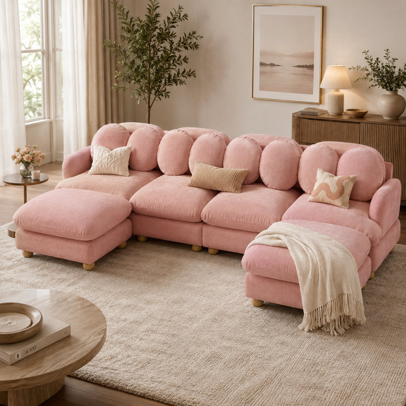 Canapé modulaire en U en chenille 4 places Channell, Pink