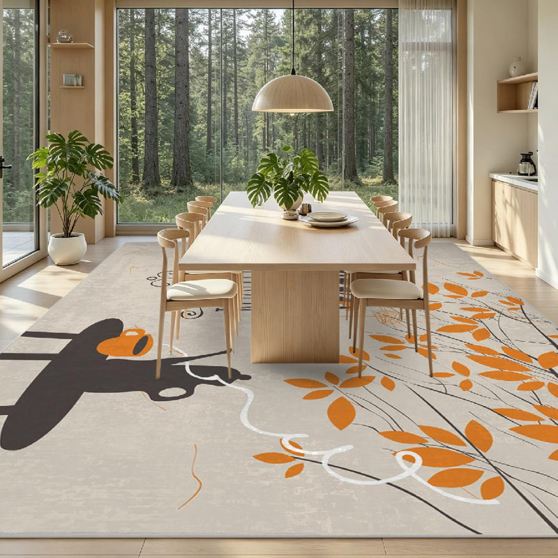 Tapis intérieur orange lavable à la machine, style rétro automnal, motif paysage, avec motif paysage., Rectangle 71" x 98"