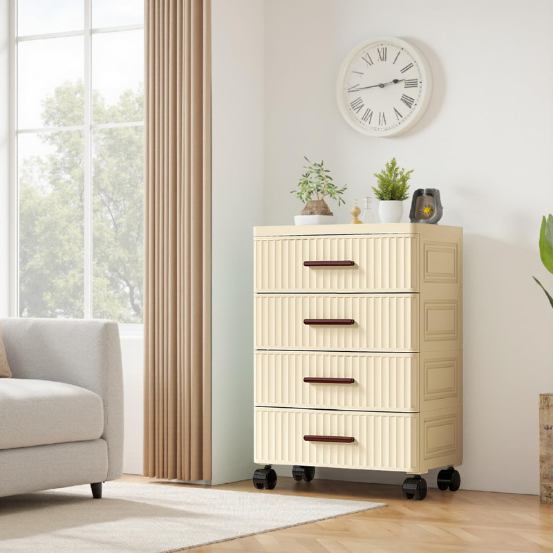 Plastic Chest of Drawers 4 Tiers, Pull Out Storage Bins With Wheels Vertical Storage Unit for Bedroom Closet Office