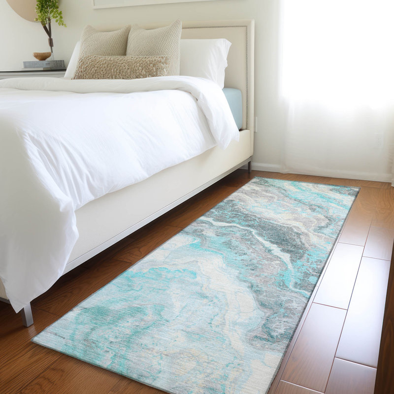 Machine Washable Indoor/Outdoor Cinead ACN1709 Teal Rug, Runner 2'3" x 7'6"