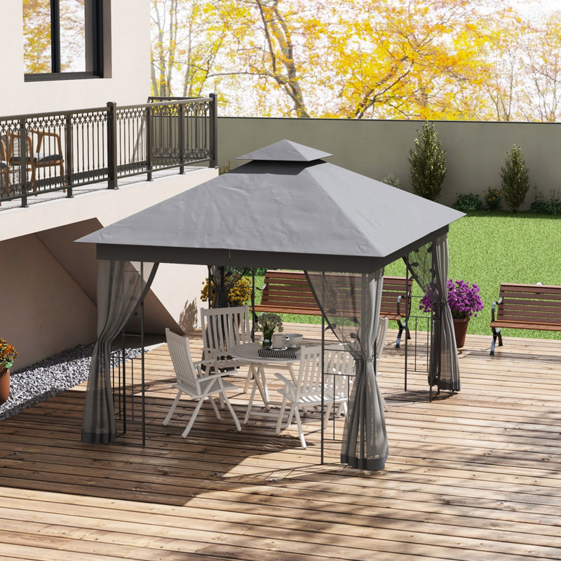 Pavillon de jardin pour terrasse avec coins et filets décoratifs, auvent gris, arbre à double toit, gris, jardin, pelouse, cour arrière