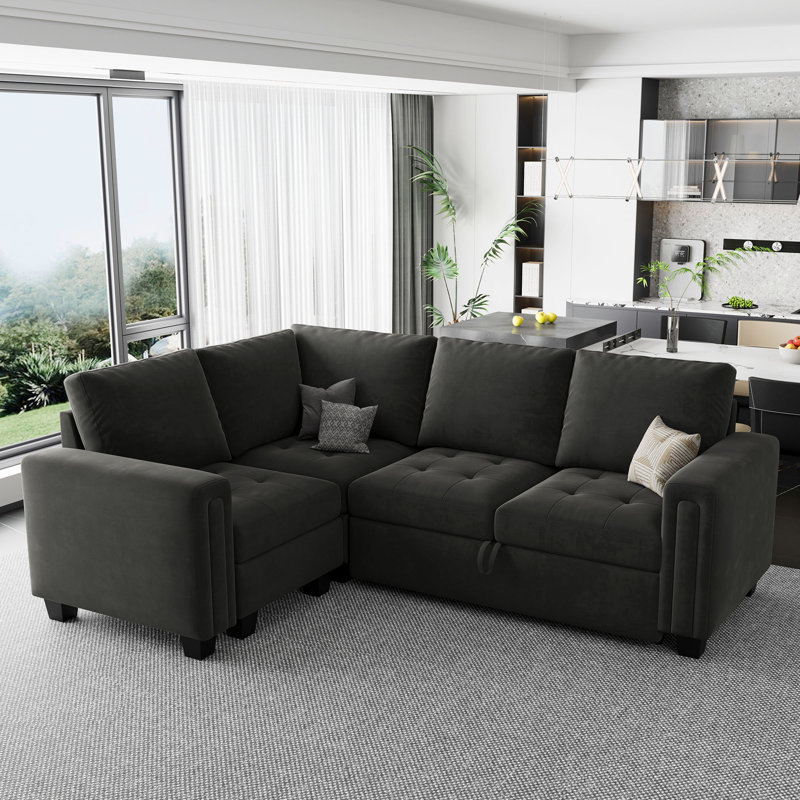 Canapé-lit modulaire en L Shavera, Velours gris
