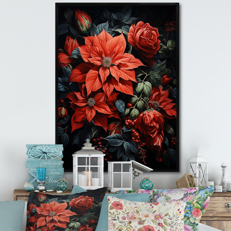 Danzell Poinsettia Flower Noir II - impression, H 20 po x l 12 po x P 1 po, Cadre flottant noir