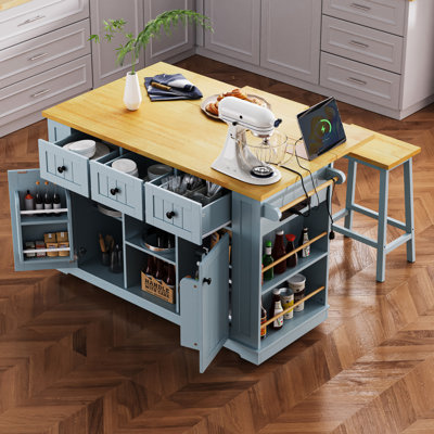53" Large Kitchen Island With 2 Bar Stools And Power Outlet