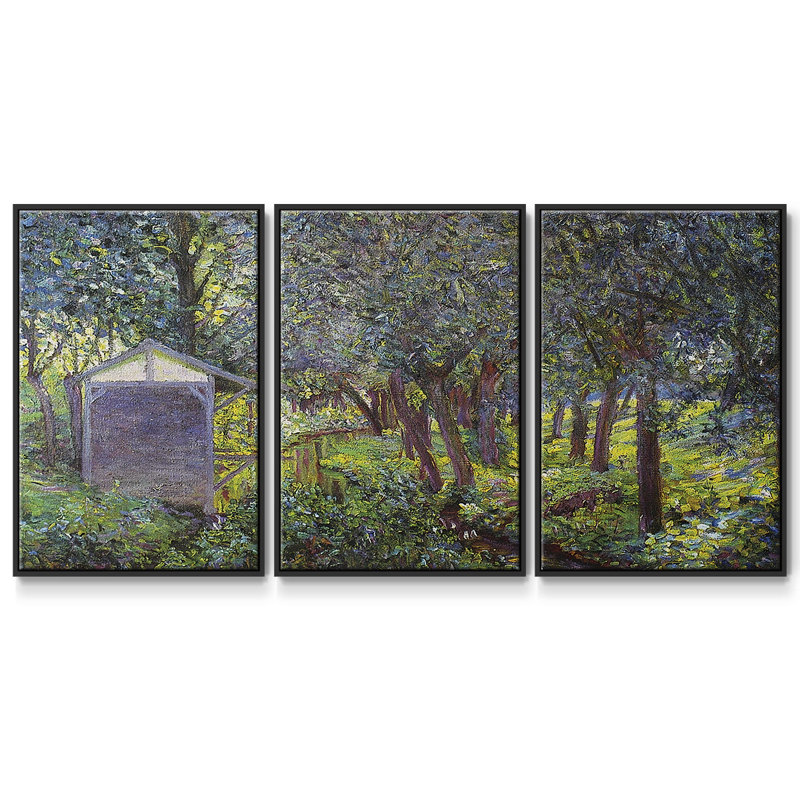 «In Monets Garden, Giverny» par Monet, reproduction sur toile 3 pièces, H 40 po x l 78 po x P 2 po, Cadre noir