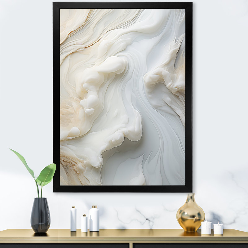 Abstrait blanc laiteux II - Art mural abstrait sur toile, H 44 po x l 34 po x P 1,5 po, Cadre simple noir