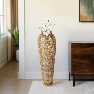 Metal Aluminum Vase with Intricate Cutout Design and Modern Glam Style