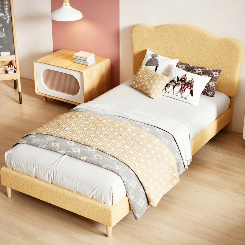 Modern Style Upholstered Twin/Full/Twin XL Daybed Frame for Kids, Twin Platform Bed with Adjustable Scallop Headboard