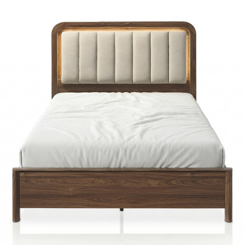 Grand lit à panneau en bois massif, tête de lit tapissier en polyester avec éclairage DEL chaleureux, finition noyer