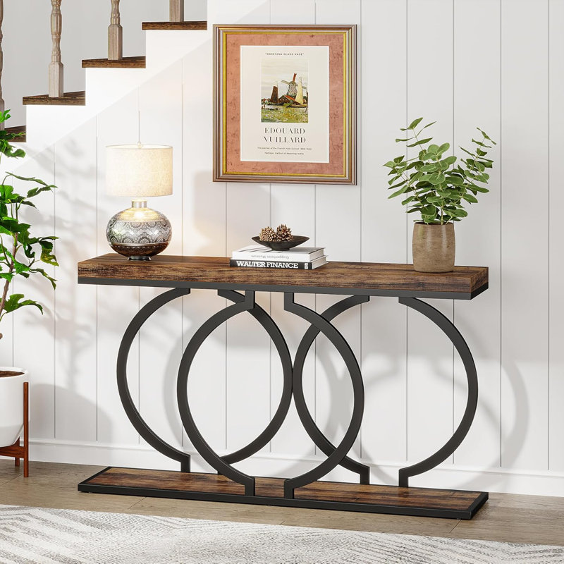 Console industrielle, table d'entrée rustique de 55 pouces avec structure en métal géométrique, canapé d'appoint en bois étroit pour le salon, l'entrée, le couloir, brun rustique