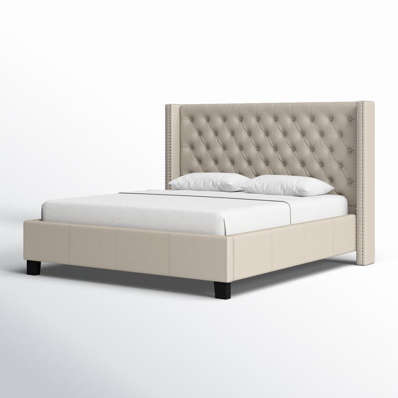 Lit plateforme tapissier à profil bas Ashton, Tissu texturé en lin beige, Très grand