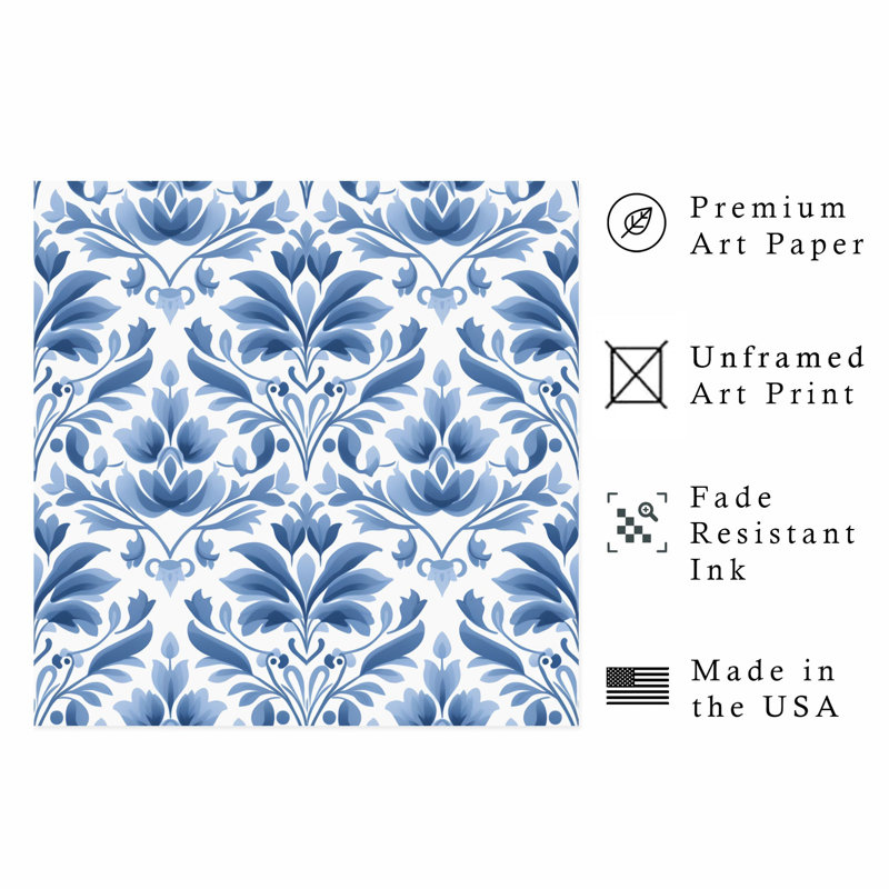 Abstract Blue Damask Pattern III Classical Unframed Art Print, 28" H x 28" W