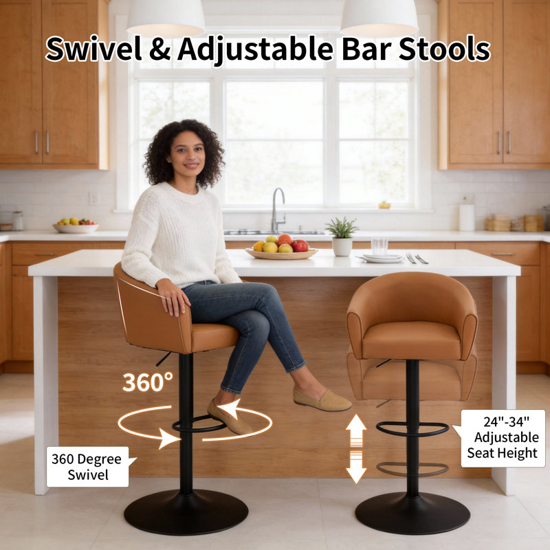 Tabourets de bar pivotants à hauteur réglable avec dossier et accoudoirs (ensemble de 2), 2, Tanné