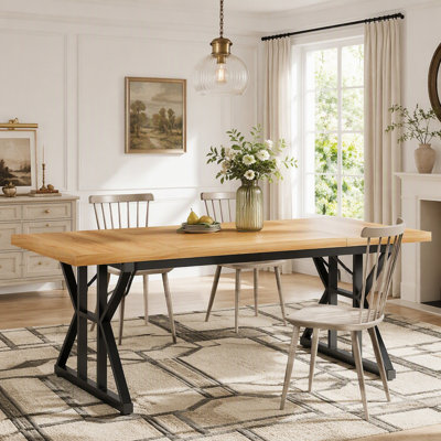 Farmhouse Dining Table for 6, Rustic Rectangular Kitchen Table with X-Trestle Metal Legs, Wood Top Dinner Table for Dining Room