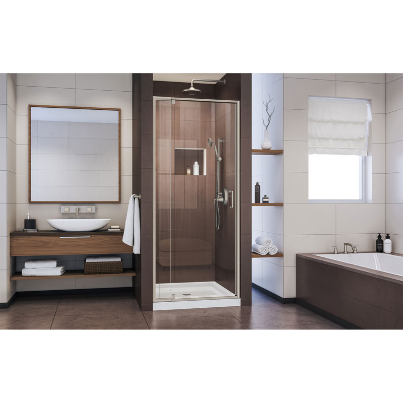 Dreamline Flex 32" x 74.75" Square Pivot Hinged Frame Shower Door with Base, White, Brushed Nickel