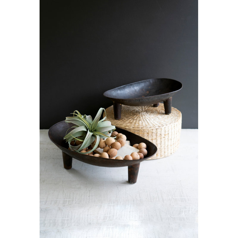  Set of Two Oval Iron Decorative Bowls Tabletop Decor Accent Brown Distressed Finish
