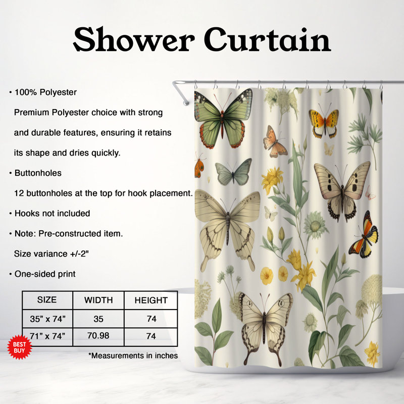 Rideau de douche Meadow Butterflies - Premium, H 74 po x l 71 po