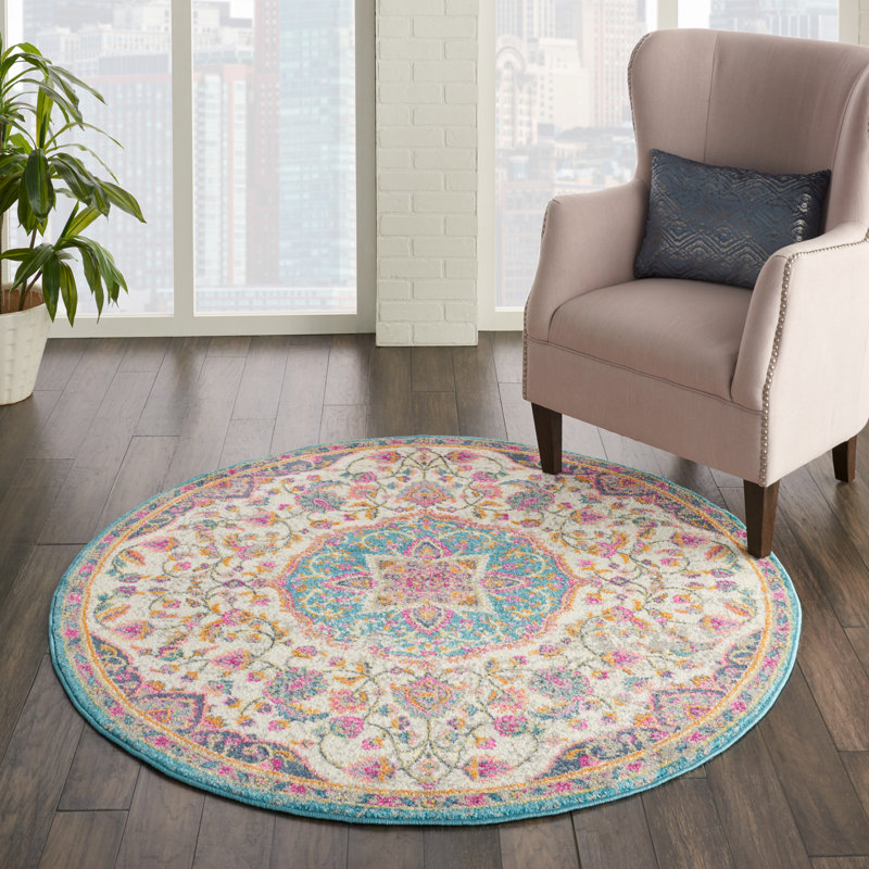 Tapis oriental ivoire / rose / bleu Verda, Rond 4 pi