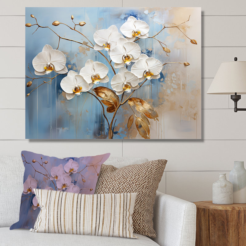 Orchidées beiges et dorées Simplicity III sur toile, Toile tendue, H 34 po x l 44 po x P 1,5 po