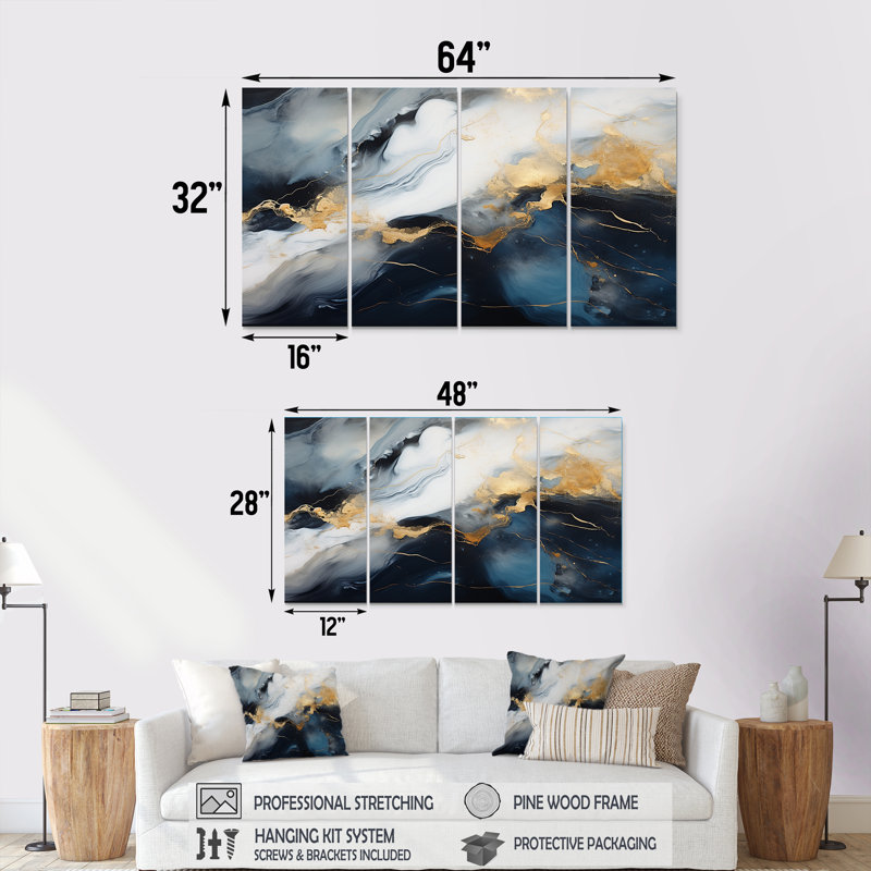 Encre de marbre abstraite dorée et bleue I - ensemble de 4 décorations murales en marbre abstrait, H 32 po x l 64 po