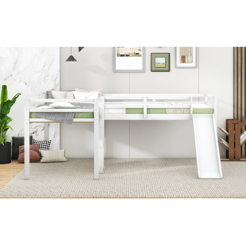 Twin Size Loft Bed In L-Shape With & Slide, White - Enjoyable L-Shaped Slide And Save Space Enjoy, White
