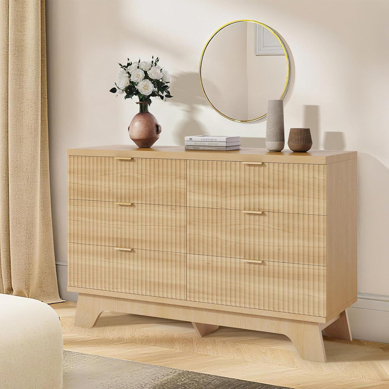 47" 6 Drawer Dresser with Gold Handle, Mid Century Fluted Chest & TV Stand for Bedroom