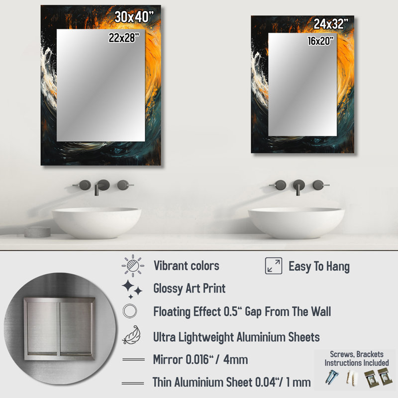 Yellow And Black Auroras Fractal Edge III - Abstract Spirals Decorative Mirror, Modern Wall Mirror, Printed Metal Art
