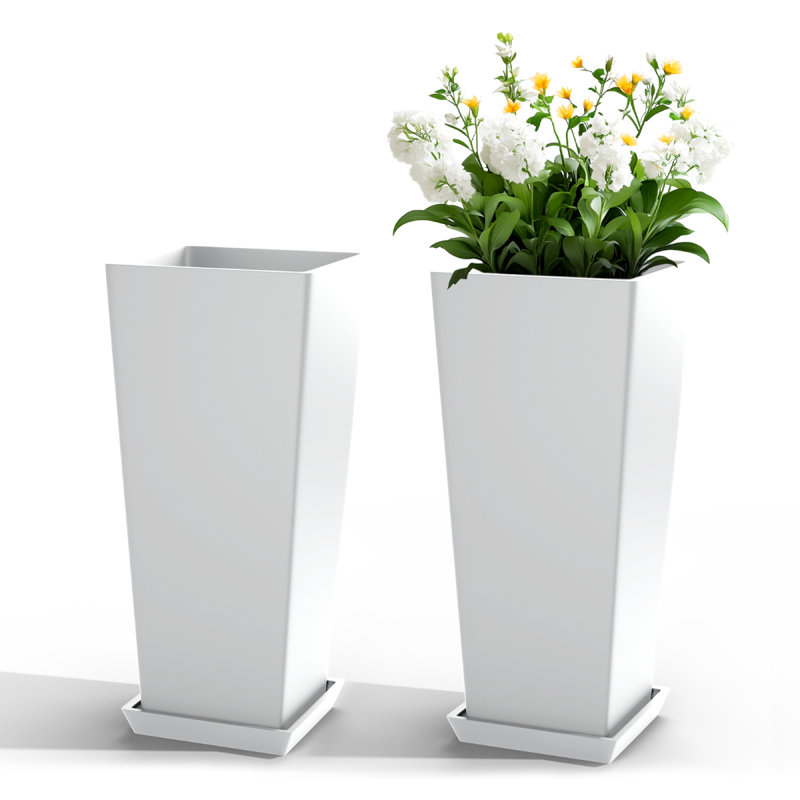 24'' Tall Planters with Saucers – Set of 2 Large Indoor & Outdoor Planters for Herbs, Flowers & Vegetables on Patio, Balcony & Garden, Durable Plastic