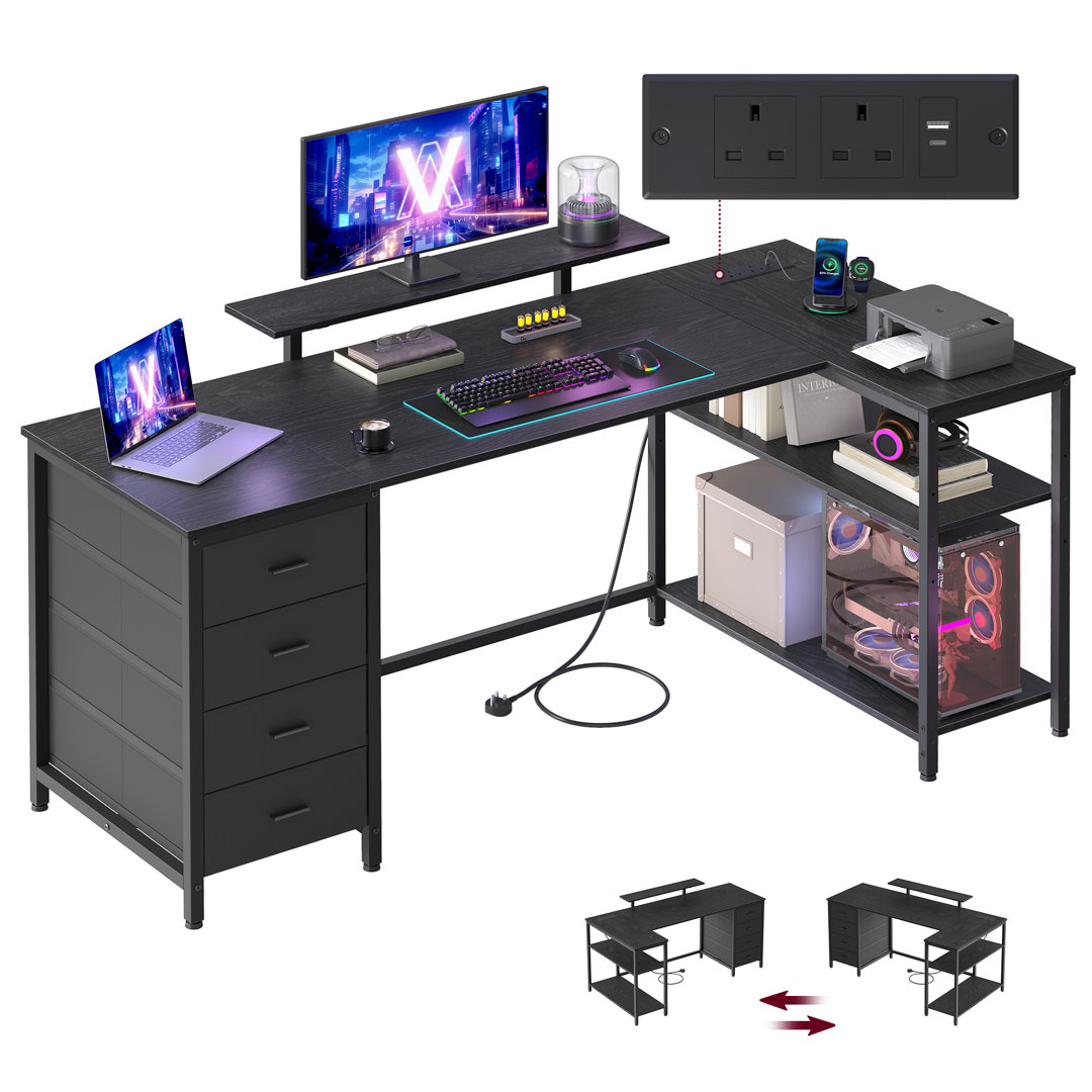 L Shaped Corner Desk with 4 Drawers and Power Outlets, Computer Table with Monitor Stand, Black