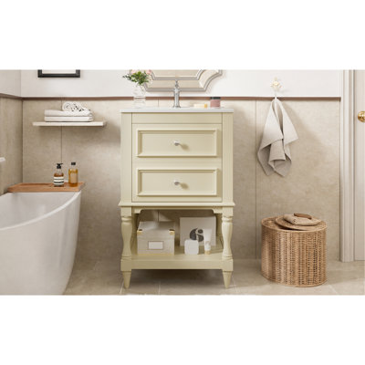 Meuble-lavabo de 20 po avec lavabo en céramique, armoire de rangement avec tablette ouverte, armoire de salle de bain rétro avec 2 tiroirs