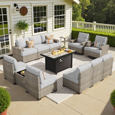 10-person  Outdoor Sectional With Cushions,swivel Rockers,led Coffee Table And Fire Pit,all-weather Wicker Patio Set