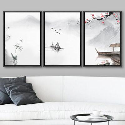 Red Cherry Blossoms Over Chinese Boats Nature Wilderness Illustrations Modern Art Cultural