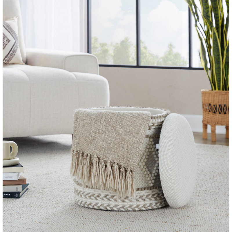 18" Storage Ottoman In Beige Handwoven Wool With Tufted And Knoted Design