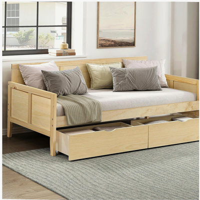 Daybed with Storage Boxes Natural Pine Finish Wooden Home Furniture 1pc Sofa Bed
