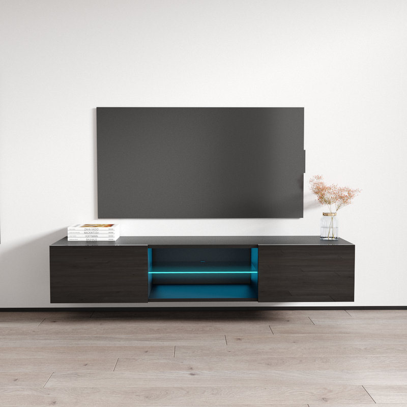 Fly 63" Modern Floating Wall Mounted TV Stand with LED Lighting, High Gloss Finish, Black