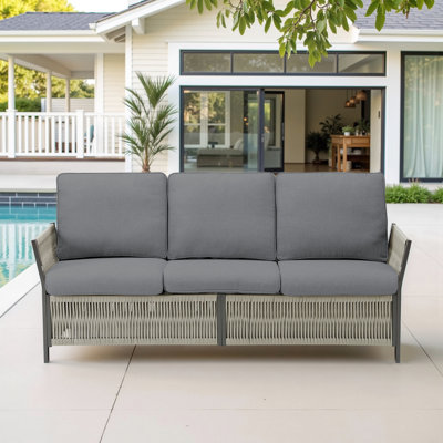 73.6" Patio 3 - Seat With Gray 4 Inch Cushions Filled 28d Sponge All Weather Pe Frame Removable Cushion Covers Ventilated For Porch Outdoor High Density Wrapped In Water Handwoven Cut Out Panels